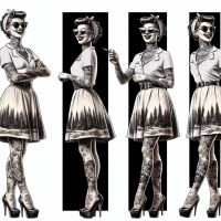 Girl with tattoos, full-length, in stockings, on heels. In sunglasses. Full-length. Pin-up illustration style. 1940s. Poster, art. Playful emotions. In nature. High detail, hd, 4k.