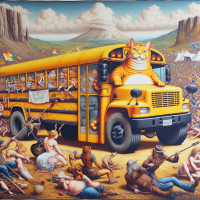 Garfield driving a school bus in a rock concert, Painting by Leonardo Da Vinci