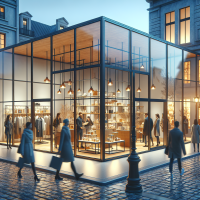 Magasin :      Forme rectangulaire avec 4 côtés, dont 3 sont entièrement vitrés (vitrines transparentes).     Le quatrième côté (probablement l'arrière) peut être un mur opaque ou partiellement vitré.     Éclairage intérieur chaleureux pour mettre en valeur les produits.  Extérieur :      Situé dans une allée commerçante animée (rues pavées, lampadaires, autres boutiques à proximité).     Passants devant les vitrines, certains regardant à l'intérieur.  Intérieur :      Clients en train de parcourir les rayons ou discutant près des présentoirs.     Éventuellement des employés en uniforme aidant les visiteurs.     Décor moderne ou cosy selon le type de magasin (mode, décoration, etc.).