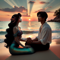 Ariel like mermaid with black hair sitting romantically with a guy with black hair watching the sunset together in between them. The scene is right next to a sandy beach. Add text in cursive showing 
