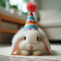 Snowball the rabbit with birthday hat