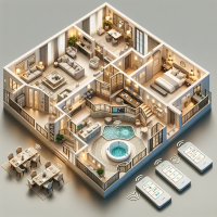 Provide an image of a 3d rendering of a whole luxurious apartment, the view should be from top leaning 45 degrees showing nicely the rising walls and each room with furnitures inside; the purpose of the image is that i will place my product like wireless keypads and controllers with the transmission waves giving idea of the effortless and flexibility installation of my products. This will be used on my website to let customers understand how to implement them ideas in actual. The layout should be living room, dining area, kitchen, master bedroom, bedroom, big bathroom, office area, big balcony with solarium. Keep good spaces between objects and use corridors to connect the areas if needed. Main entrance should be visible. 1. The bathroom should be big and visible and luxurious, with modern shape bath and a wireless device installed in wet area. 2. The wireless devices considering that are keypad for lighting and curtains control should be fixed at standard hight especially in the bedroom should be reachable at the bed head. 3. Show some luxurious lighting fixtures, like wall lights and floor standing lights in living room. 4. Living room and dining area should be spacious. 5.bathroom should be completed of all components like modern bath, water sink toilet and bidet and furniture. 6. use for floor olives wood little gray shades.