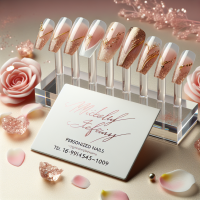 Unhas artísticas elegantes no estilo *french manicure* com detalhes em dourado e glitter rosa claro. Sobre a mesa, várias unhas postiças exibidas em suportes de acrílico. Ao lado, um pequeno cartão branco brilhante com a escrita em letras rosa e douradas: 'Micaelly Stefany - Unhas Personalizadas // Tel: (16) 99145-14109'. Fundo suave em degradê de rosa claro e pérola, com pétalas de rosas e gliter espalhados. Estilo de foto de divulgação profissional, iluminação suave, alta qualidade
