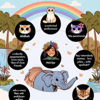 buatkan gambar 5 hewan yang sekiranya sesuai dengan karakter masing masing dari 5 orang di bawah ini sesuai dengan prompt berikut dengan background air terjun dan pelangi serta di atas kepala karakter masing-masing beri tulisan nama asli dan julukan sesuai karakter sifatnya yang paling menonjol (satu kata) misalnya 