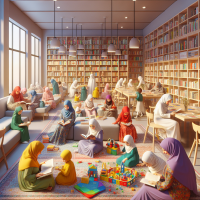 Create an image for book reading shop where only muslim woman can read book and there children can play at a side of the room