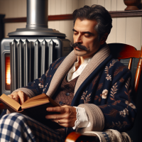 رجل خمسيني بملامح ارستقراطية بملابس كلاسيكية روب شتوي على بيجامة ويجلس على كرسي هزاز بجوار مدفئة، لديه شارب وشعره خفيف قليلا من الجبهة ويقرأ كتال