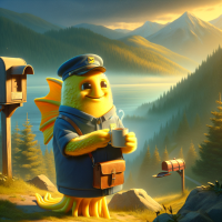 SpongeBob SquarePants dressed as a mailman drinking a cup of coffee in a mountainside scene, watercolors by 5 year old