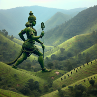 Visual: Lord Murugan walking alone in the hills in a walking motion picture upwards moving on palani hills