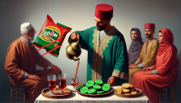 A man in traditional Moroccan attire (djellaba and red fez) pouring tea from a Moroccan teapot in a ceremonial way — a classic cultural image.  A tea tray with multiple glasses filled with green and red tea.  Henry's biscuits featured in the foreground with a clearly branded package.  One of the biscuits on the plate reads: 