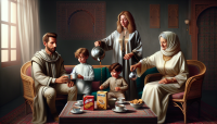 -Un papa 40 ans -Une maman 35 ans Tous les deux habillés modernes look marocains Une grand-mère, 70 ans, avec un foulard, léger et habillée d’un caftan marocain  -Un petit garçon âge, six ans.  Tous ces individus autour d’une table, et assis sur un salon Marocain avec un background Marocain. La grand-mère verse le thé à côté sont disposés les packs de biscuits Henrys