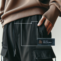 Mid-body crop showing the hoodie’s fit and transition into high-waisted cargo pants. One hand in pocket, showing attitude. Use a minimal tech-style label pointing to pants: ➤ 