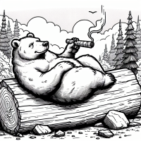 can you draw with just black lines a bear laying on a big log smoking a joint