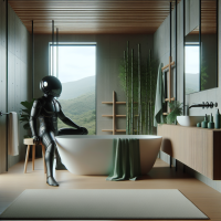 Horizontal image of Darth Vader in a minimalist Japanese-style bathroom (Japandi aesthetic), sitting in a deep soaking tub. Soft natural lighting, clean lines, green accents like bamboo, plants, or towels. Calm, serene mood, muted tones with green highlights.