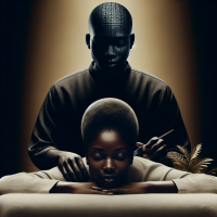 I want you to create a realistic image of a woman receiving a massage. I want to use this image for a massage service on my website. Please make the photo hyper realistic. Also, make sure both the massage therapist and the client are black. Also, make sure we dont see the massage therapists face.
