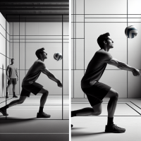 Black and white dual-frame image of a volleyball player practicing wall setting. On one side, player holds the ball ready to set. On the other side, he is mid-motion, setting the ball into a marked square on the wall. Indoor training gym. Side view. Realistic posture and clean contrast. Stylized like a training diagram