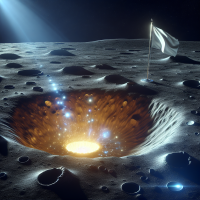 Create a dramatic scene on the lunar surface with realistic craters and textures. A Chinese flag waves slightly over a crater, illuminated by a mysterious glow emerging from the ground, suggesting an incredible discovery. Add blue and silver light flares around the glowing area to convey mystery and energy. The lighting should be high-contrast: deep shadows in the craters and a halo of light over the flag and the discovery. Leave enough space at the top for the title: “China surprises the world with an incredible discovery on the Moon” in large, eye-catching letters, with bright colors like yellow or white with a black outline to stand out against the lunar background. Realistic, cinematic style, conveying awe and historic significance. Horizontal 16:9 format.