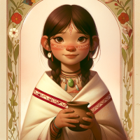 A young indigenous woman (Amanecer) from the Muisca culture, with a kind and wise expression and curious eyes. She wears a white manta with simple geometric patterns in red and ochre, a small feather headdress, and a necklace of green stones. She holds a small ceramic pot. The style is children's book illustration as Hayao Miyasaki's ilustration or Tony Diterlizzi''s ilustration, soft textures, warm light. Framed by delicate Art Nouveau vines and flowers that integrate with the drawing.