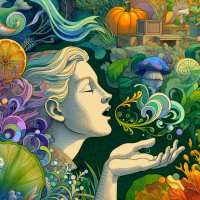 Generate a photo show that she is breathing an animated painting style with a color of teal, pumpkin, grass, moss green, eggplant violet, apple red, sun yellow, off white.