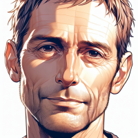 A close up illustration of a middle aged man. He has a short brown hair and a black eyes