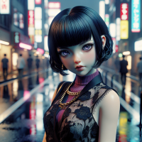 haitani ren, official manga art, masterpiece, ultra detailed   petite japanese girl, 17 years old, pale skin, sharp violet eyes, cynical smirk   blunt black bob haircut with two platinum blonde front strands, ends at jawline   black sleeveless lace dress over pink turtleneck, dark brown tights, black platform loafers with gold chain   standing on rainy neon-lit street in Roppongi, wet pavement, neon signs   gritty manga style, sharp lines, high contrast, dramatic shadows, delinquent aesthetic