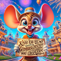 Quiero una imagen en la que aparezca: Un ratoncito alegre y simpático, estilo caricatura Disney, con orejas grandes, guantes blancos y ropa colorida, sostiene un cartel festivo escrito en caligrafía inspirada en Disney, en mayúsculas, que dice: 'KAIXO EKHI ETA TELMO! EURODISNEY-RA GONBIDATZEN ZAITUZTET! NIRE ETXEA BISITATZERA!'. El fondo muestra un parque temático mágico con castillo, globos, fuegos artificiales y colores vivos, estilo ilustración digital Disney, lleno de alegría y fantasía.