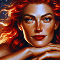  Her stance relaxed yet poised, exuding an aura of confident strength. Her fiery red hair cascades around her face in loose, tousled waves, framing the sharp angles of her jawline and the determined set of her chin. Her eyes, a piercing blue that seems to hold the infinite vastness of space within their depths, meet Wayman's gaze with unflinching intensity. A dusting of freckles across the bridge of her nose adds a touch of whimsy to her otherwise striking features. Carol's skin has a warm, sun-kissed glow, a testament to her countless adventures under the starry skies. Her lips, painted a bold crimson, curve into a provocative smirk, hinting at the playful, flirtatious nature lurking beneath her tough exterior.