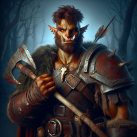 **Masterpiece, best quality, realistic fantasy art,** character portrait of Garrazal, a male **hobgoblin war cleric** of Grummush. **Reddish-brown skin, intense orange eyes,** muscular and athletic build. Worn and **practical heavy plate armor** stained with mud and blood, a **wolf pelt cloak** on his shoulders. A crude **bone spear amulet** around his neck. **Confident, smug, arrogant expression,** slightly snarling. He holds a **battleaxe** menacingly. Aggressive posture. Environment: **dark forest or misty battlefield at dusk,** dramatic lighting. Style of **D&D art, Greg Rutkowski, Joseph Meehan,** high detail, realistic