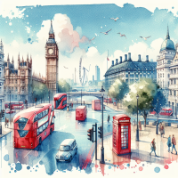 water color poster of London city, showing double decker bus and telephone both