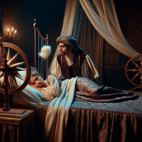 Paint a picture of the sleeping beauty and the prince who is about to kiss her awake from sleep. also show the spinning wheel in a dark corner of the scene 