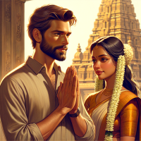 The man has a short, well-groomed beard and mustache, cute and kind face. The woman has long hair adorned with a string of fresh jasmine flowers (gajra). Both are dressed in traditional Indian attire -- he in a simple kurta, she in a elegant saree. They have their hands folded in prayer, receiving blessings from Lord Shiva, with the temple's shimmering gold spire (shikara) and ancient stone wall in the soft background. The style is warm, detailed, and romantic, reminiscent of a high-quality anime film. Soft, golden hour lighting.