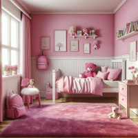 american style girl room with pink walls, bed, one window. Inside room: side table, few plush toys, cute pink school backpack, purple carpet