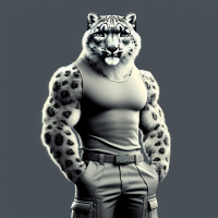 a female humanoid snow leopard, buff, curvy, tall, wide, thick fur, wearing tank top and cargo pants, 