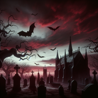 Gothic cemetery at dusk with eerie red sky silhouetted tombstones, flying bats and winding trees creating a haunt