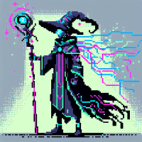 Pixel art, side-scroll view, cyberpunk wizard, visible grain, 256x256 pixels, game asset, no background