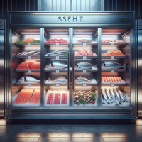 A realistic image of a frontal view, as a high-definition photograph, of a fish market refrigerated showcase, made of stainless steel and glass, with bright fluorescent lighting, that shows various kinds of raw fish meat, including fresh salmon with pink flesh, bream with silvery scales, and sea bass with white and gray skin, alongside bags of assorted seafood, such as mussels, clams, and shrimp, all neatly arranged on beds of ice, modern font, and a blurred background of metal refrigerator doors.