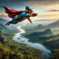 Generate an image of a flying wild pig wearing superman cap and suit over the congo rain forest specifically Goma region