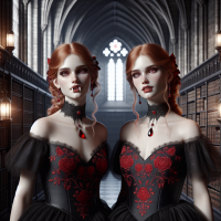 Photorealistic full-body portrait of two identical vampire twin sisters in a grand gothic library with stone arches, tall bookshelves, and lantern light. They have pale porcelain skin, waist-length braided ginger twin tails with bright red ribbons woven through and bows at the tips, glowing red eyes, and rectangular glasses. One has her mouth slightly open with fangs.    They wear strapless black gowns with bright red embroidery, corseted waists, and flowing skirts, with silk chokers and teardrop ruby pendants, plus matching ruby earrings. Arms behind their backs, standing close with gentle sisterly smiles; the twin on the left tilts her head toward the other.    Bright cinematic lighting reveals gowns, skin, and rubies in sharp detail. Wide field of view shows them head-to-toe with the gothic library fully visible. Subtle film-like filter for realism.  