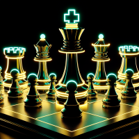 luxury black and gold chessboard, pawns glowing neon yellow #ffc240 transforming into kings, symbolizing teamwork and roles, cinematic premium design, black background, ultra detailed 3D render --ar 4:5 --v 6 --q 2