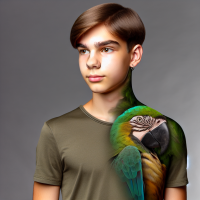 a 16 year old boy with oval face shape of brown and green parrot body with side part hairstyle of short length
