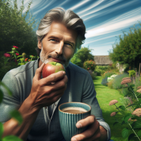 a man eating apple with coffee in garden with sofz