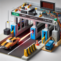 generar una imagen realista de la maqueta de un estacionamiento para una practica de mecatronica en la cual se incluyan los siguientes elementos  un servomotor SG90, un diodo laser ARD-379, un LDR Fotoresistencia de 10 MOhms, y un arduino, se tendra que ver la pluma o barrera del estacionamiento que se movera por el motor al ser interrumpido el haz de luz laser, incluir un carrito hotwheels para representar todo el panorama