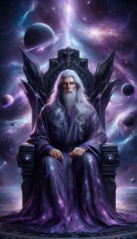 A cosmic mythical entity known as Lord Lilac, photorealistic, no CGI, ultra-detailed. He sits upon a majestic galactic throne, carved from black stone laced with glowing veins of violet and silver light, as though galaxies themselves were forged into its frame. The throne radiates cosmic authority, surrounded by faint drifting stardust and arcs of ethereal energy.  Lord Lilac radiates serenity and immense power. His skin glows with a faint lilac hue, soft and natural, bending light into a calming aura. His face is noble yet approachable, high cheekbones, strong jawline, compassionate expression. His eyes shimmer like galaxies, lilac and silver spirals filled with wisdom that sees through cruelty into hidden goodness. His hair is long, flowing silver mixed with lavender, gently moving as if stirred by cosmic winds.  He wears ancient yet timeless garments: a deep indigo robe embroidered with lilac constellations, glowing like living stars. Draped across his shoulders is a mantle of translucent starlight, shimmering with ethereal brilliance. His hands rest on the arms of the throne, strong yet gentle, emanating radiant energy that transmutes evil into compassion.  No weapon is present, for his presence alone rewrites malice into good. His aura spreads across the scene, filling it with peace. Behind him, the infinite cosmos unfolds—nebulae, galaxies, and distant stars bending closer in reverence.  32K shot, Hasselblad X2D 100C Mirrorless, f/1.4, ultra detail in face and clothing, natural cinematic lighting, photorealistic textures, cosmic portrait of Lord Lilac seated on a galactic throne.