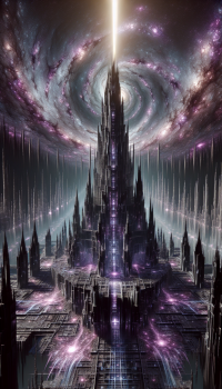A majestic cosmic tower castle, radiating raw power and eternal presence, standing alone within the infinite cosmos. This fortress is not stone alone but energy made solid, its walls carved from obsidian-black material laced with glowing veins of lilac and silver light, as though galaxies themselves run through its structure. Every surface shimmers with subtle cosmic vibrations, real and tactile, with ultra-fine detail in texture and form.  The tower rises impossibly high, tapering into the heavens, its spires pierced by drifting stardust and threads of energy arcing across the sky. The architecture is both ancient and futuristic—cyclopean foundations rooted in timeless strength, fused with crystalline windows and translucent arcs of light. No CGI, no artificial gloss: the impression is utterly real, photorealistic, as though one could walk up to its gates.  At the castle’s summit burns a crown of luminous energy, a beacon of lilac and silver fire that spills across the surrounding starscape, pulsing with raw power. Lightning-like veins of radiant light run across the outer walls, constantly shifting yet stable, like veins of life through a cosmic organism. The atmosphere around the tower feels alive—nebulae, galaxies, and comets drift closer, reverent to its presence.  The throne hall within glows faintly through vast crystalline windows, silhouettes of starlight dancing inside. This is not just a castle but a living monument, a cosmic bastion of peace and transformation, forged of energy itself.  32K shot, Hasselblad X2D 100C Mirrorless, f/1.4, ultra detail in walls, spires, and luminous energy veins, natural cosmic lighting, photorealistic textures, real architecture of an energy-lit galactic tower castle.