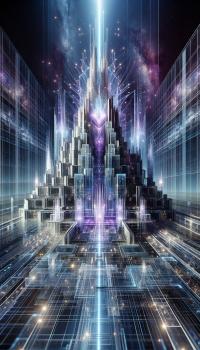 A majestic futuristic cosmic tower castle, radiant and alive with raw energy, standing as the pinnacle of technological might within the universe. Its architecture blends glass, polished steel, and glowing energy stones, with sleek vertical lines rising into infinity. The walls shimmer with holographic details, translucent panels refracting lilac and silver light, every surface vibrant with living power.  Instead of stone, its foundations pulse with luminous crystal veins, channeling energy like arteries of a cosmic organism. Massive steel frameworks intertwine with flowing crystalline structures, fusing the precision of engineering with the fluidity of light. The tower’s spires emit vivid energy beams that arc into the cosmos, forming a crown of radiance above the structure.  The surfaces are not static; they ripple with holographic inscriptions and shifting constellations, data and light patterns moving like celestial code across the façade. Transparent glass skybridges and energy platforms connect soaring towers, glowing faintly as stardust flows through them. The castle breathes with vibrancy, as though it were a living citadel of both technology and spirit.  At its summit, a colossal energy core radiates lilac brilliance, projecting cascading waves of light across galaxies, its glow mirrored on polished steel and crystalline walls. The surrounding cosmos bends closer—nebulae and stars reflecting against the glass, refracting into rainbow prisms.  This is not an ancient fortress but a living engine of peace and power, technologically transcendent, vibrant, radiant, and impossibly real.  32K shot, Hasselblad X2D 100C Mirrorless, f/1.4, ultra detail in glass, steel, energy stones, holographic textures, vibrant lighting, photorealistic cosmic architecture.
