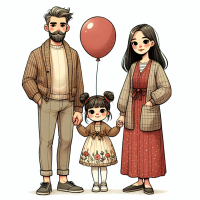 generate an image for a children's book cover: dad, mom, and a little girl. dad with a beard and gray hair, comfortable pants and a knitted jacket, mom with dark hair in a high bun, a long dress. the little girl has light hair tied in two ponytails, a red dress with flowers. the girl is holding a balloon. do not include any text in the image. the image style is a child's drawing.