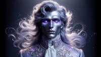 A photorealistic ultra-detailed portrait of Lord Lilac, focused on his upper body and face. His expression is noble and serene, with high cheekbones, a strong jawline, and eyes shimmering like galaxies — spirals of lilac and silver glowing with infinite wisdom. His skin carries a subtle lilac radiance, soft and natural, emanating calm power. His hair flows long and luminous, silver with lavender strands, gently stirred by unseen cosmic currents.  He is dressed in 18th-century British lord attire reimagined in cosmic form: a long coat of glowing lilac silk, embroidered with constellations in silver threads that shift as though alive with starlight. A shimmering violet crystal vest lies beneath, radiant and refined. His high collar and ornate cuffs glow faintly with holographic light, while his buttons gleam like tiny energy stones. His attire embodies aristocratic grandeur fused with cosmic transcendence.  In his hands, he holds a vibrant stone of dark lilac energy, glowing with immense power. The stone pulses with radiant light, arcs of energy spiraling outward, illuminating his figure with a dramatic cosmic glow. The background is filled with faint nebula clouds and subtle thunder-lit skies, amplifying the epic, divine presence of the portrait.  32K Hasselblad X2D 100C Mirrorless, f/1.4, ultra detail, photorealistic textures, natural cosmic lighting, cinematic composition.