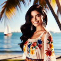 A stunning Mexican woman from Veracruz standing in a sunny coastal setting. She has a graceful posture, with long black hair that falls loosely around her shoulders, a warm smile,