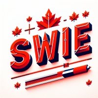 Can you generate a cool font design with SWIRE with red word and white background and can add some maple leaf elements