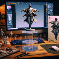 Create a 1/7 scale commercialized figure of the character in the illustration, in a realistic style and environment. Place the + figure exactly like artwork, with the same angle, with the same pose and details, but full 3d figure on a computer desk, using a circular transparent acrylic base without any text. On the computer screen, display the Brus. modeling process of the figure. Next to the computer screen, place a BANDAI-style toy packaging box printed with the original artwork.