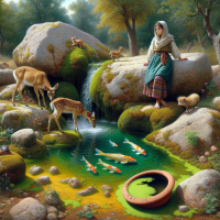William-Adolphe Bouguereau tarzında, olusun yanında kabalak otu olsun, uçurum, kayadan yere su akıyor ve yosunlaşmış turkuaz sarı su birikintisi yapmış ve suyun düştüğü yerde mavisi sis tabakası, eğrelti otu, su birikintisinin yanındaki karaca ve yavrusu su içiyor, sazan balıkları su birikintisi içinde görünüyor, yerde kırık bir yosunlaşmış toprak testiden yere su akıyor, kurbağa, arka fon tamamen ağaç benzeri irili ufaklı yapraklı çalılıklar ve bitkilerle kaplı, büyük kaya başında oturan eşarplı şalvarlı türk köylü bir kızını close up yağlı boya tablosunu yapabilir misin